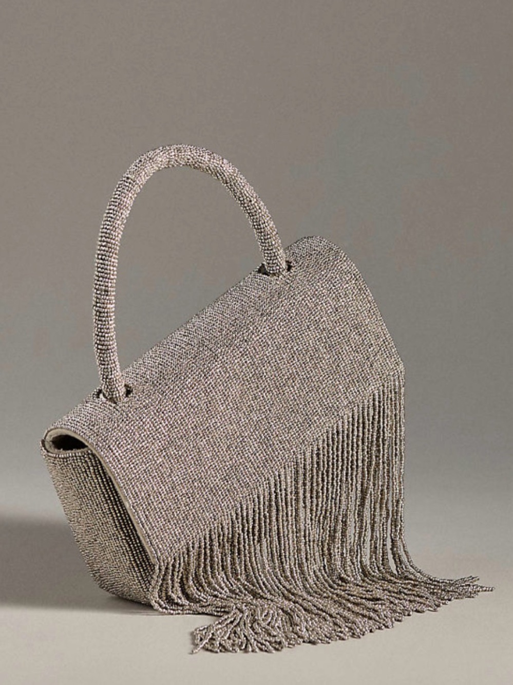 Anthropologie Silver Beaded Fringe Top-Handle Clutch